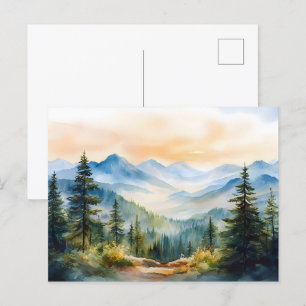 Cartão Postal Montanhas de Aquarela e Pinheiros