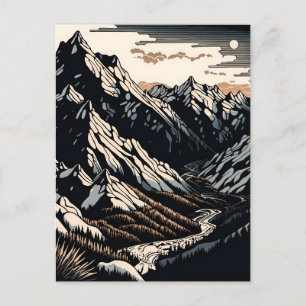 Cartão Postal Montanhas Paisagem Viagens vintage Linocut Art
