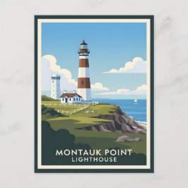 Cartão Postal Montauk Point Lighthouse, Coastal Cliff & Sailboat