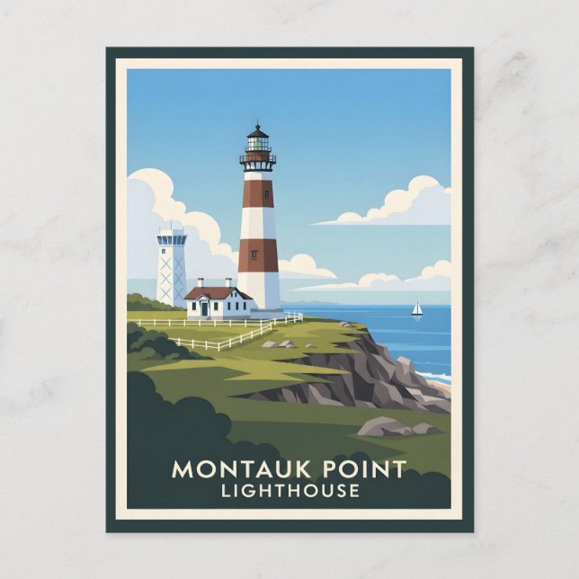 Cartão Postal Montauk Point Lighthouse, Coastal Cliff & Sailboat (Frente)