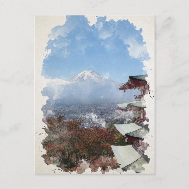 Cartão Postal Monte Fuji Japan Watercolor Art (Frente)