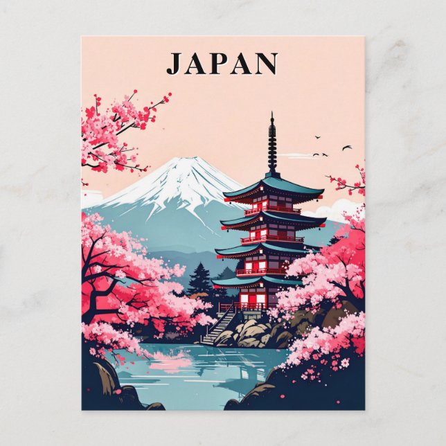 Cartão Postal Monte Fuji, Pagoda e Flor de Cereja no Japão (Frente)