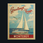 Cartão Postal Monterey Postcard Sailboat Vintage California<br><div class="desc">Esta viagens vintage náutica da design de Monterey California apresenta um barco navegando na água com gaivotas e um céu azul cheio de lindas nuvens brancas puffy.</div>