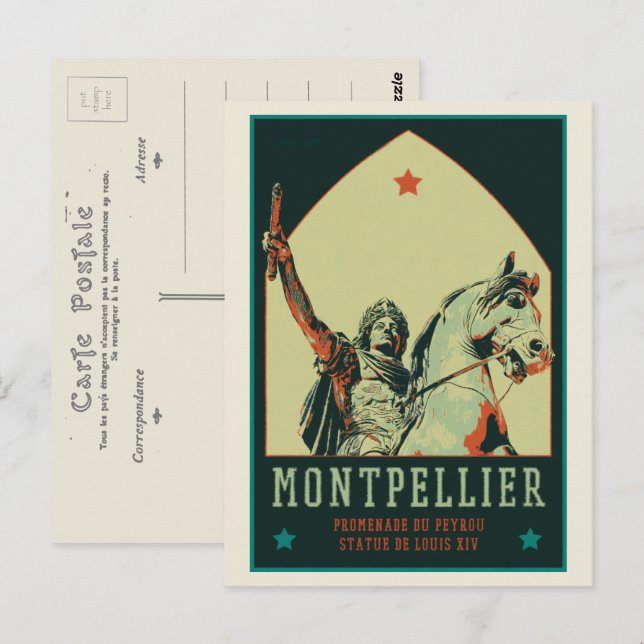 Cartão Postal Montpellier Luís XIV ilustração da estátua França (Frente/Verso)