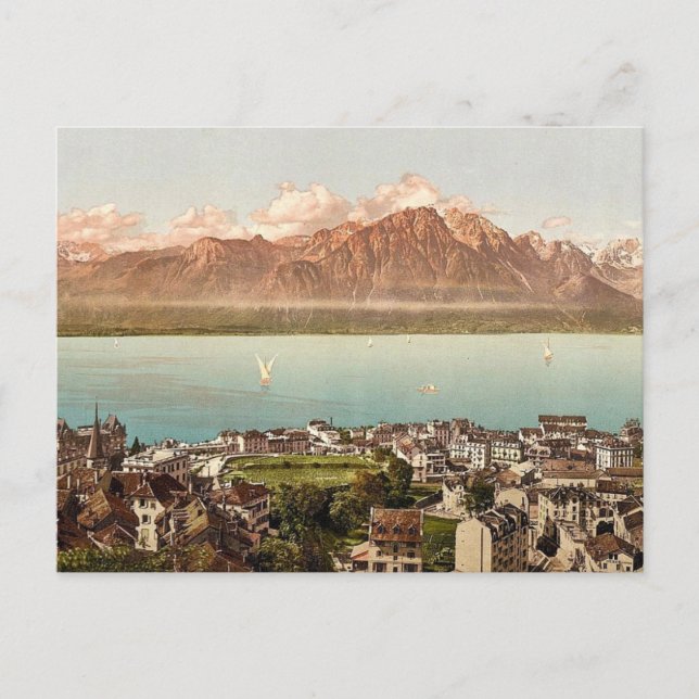 Cartão Postal Montreux, Montanhas Savoy, Lago de Genebra, Suíça (Frente)