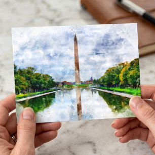 Cartão Postal Monumento a Washington em aquarela com reflexo