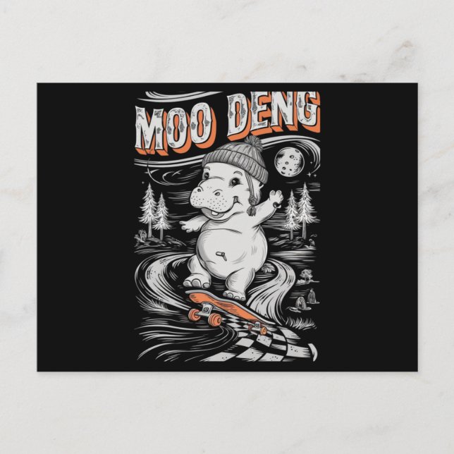 Cartão Postal Moo Deng: Hipopótamo Brincalhão Andando de Skate (Frente)