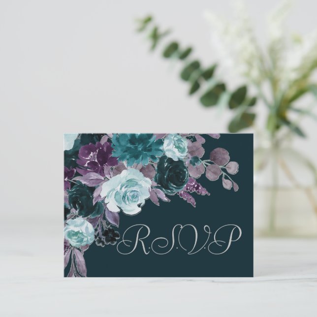 Cartão Postal Moody Boho | Refeição RSVP Roxo-Turquesa Rasa-brav (Em pé/Frente)
