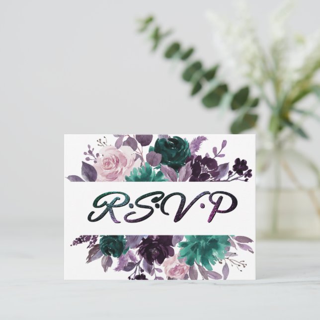 Cartão Postal Moody Boho | Roxo Berinjela Floral Escuro RSVP (Em pé/Frente)