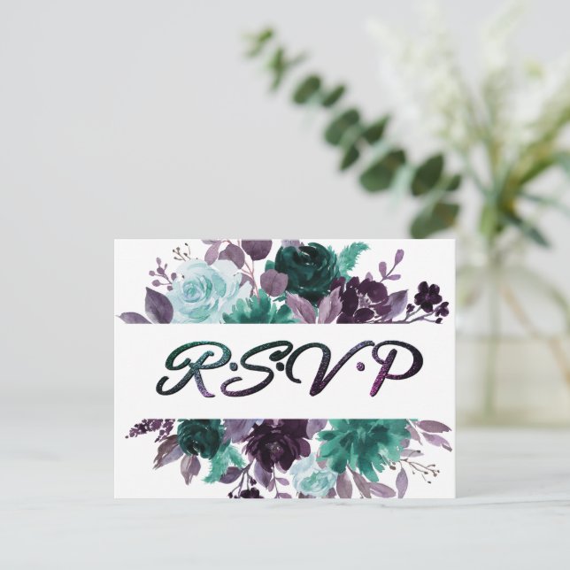 Cartão Postal Moody Boho | RSVP de Quadro de Prata de Turquesa T (Em pé/Frente)
