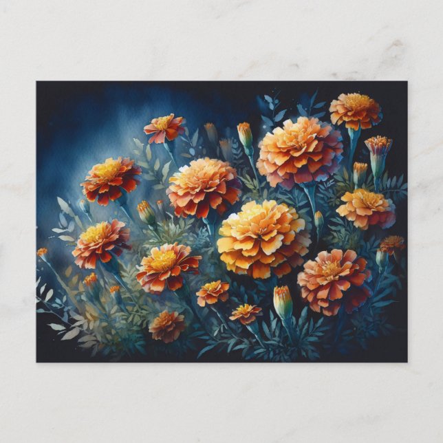 Cartão Postal Moody Marigolds Watercolor Orange Flowers (Frente)