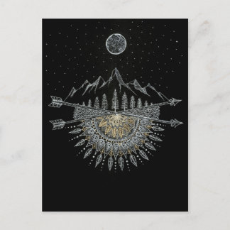Cartão Postal Moon and Stars Night Sky Mountain Range Mandala
