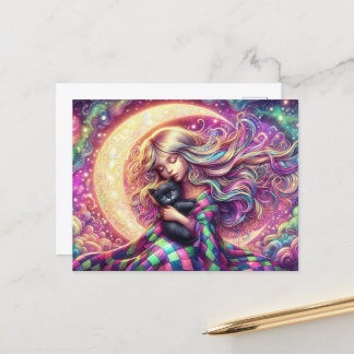 Cartão Postal Moon Crescente Dormindo Com Gato Negro