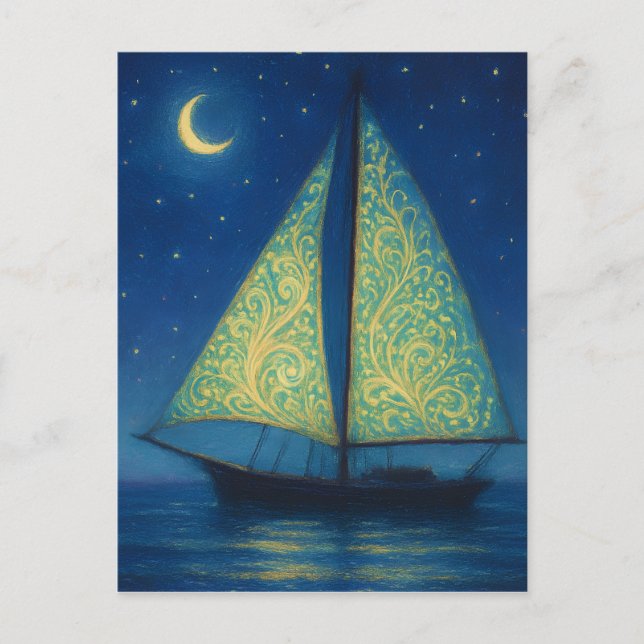 Cartão Postal Moonlit Sailboat - Pastel Painting Style Night Art (Frente)