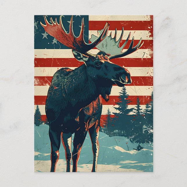 Cartão Postal Moose American Flag Vintage (Frente)