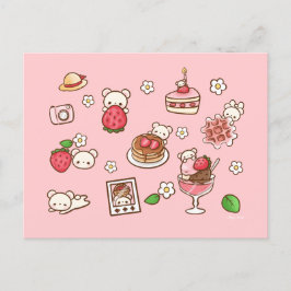 Cartão Postal Morango e Urso Deliciosos Kawaii Doces Fofos 