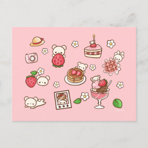 Cartão Postal Morango e Urso Deliciosos Kawaii Doces Fofos