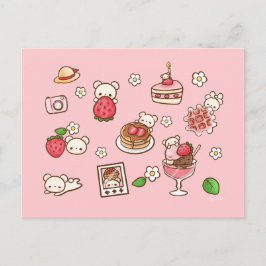 Cartão Postal Morango e Urso Deliciosos Kawaii Doces Fofos 