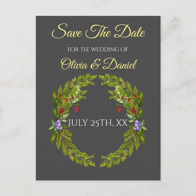 Cartão Postal Morangos da floresta aquosa e cogumelos (Frente)