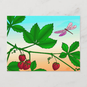 Cartão Postal Morangos e Dragonfly impressão