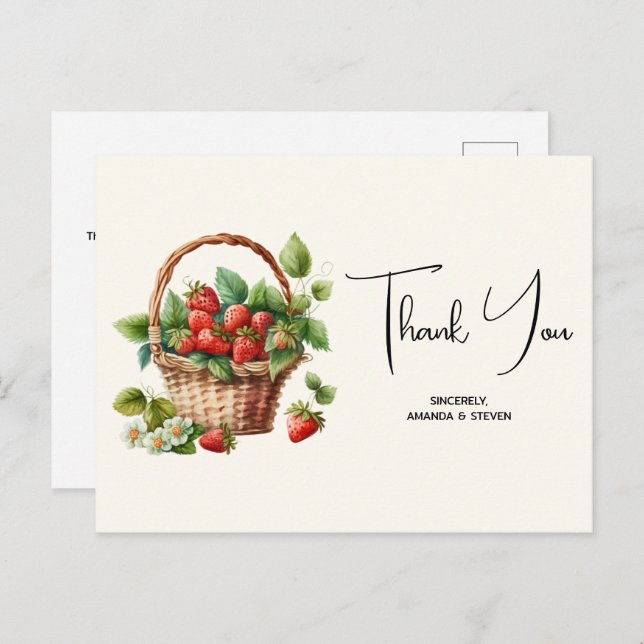 Cartão Postal Morangos frescos em uma Cesta Maciça Obrigado (Frente/Verso)