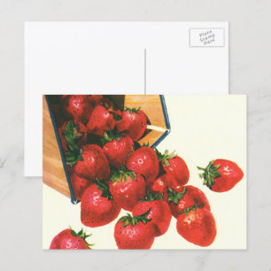 Cartão Postal Morangos Vintage em Cesta, Alimentos Frutas Bagas