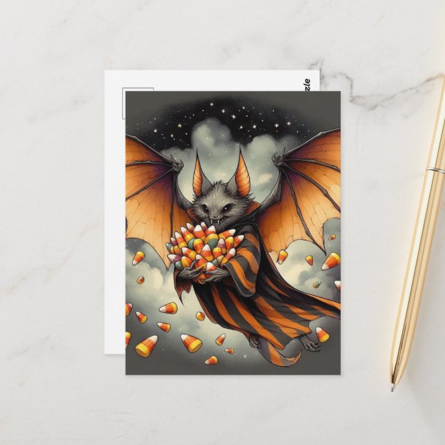 Cartão Postal Morcego Adorável de Halloween Com Doces (Frente/Verso In Situ)