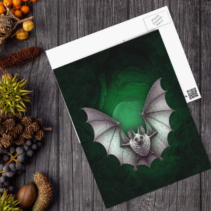 Cartão Postal Morcego Branco Sinistro Caverna Verde Brilhante no