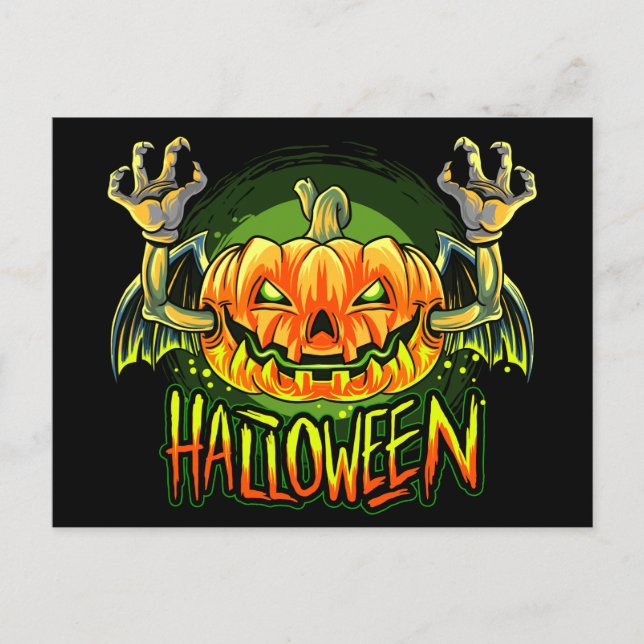 Cartão Postal Morcego de abóbora neon de Halloween assustador (Frente)