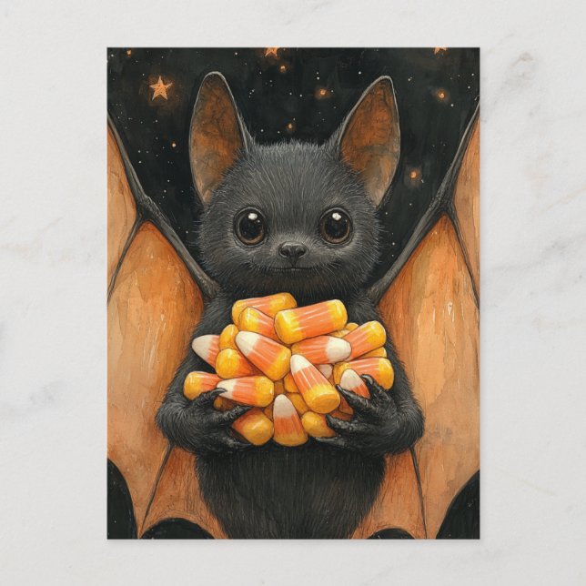 Cartão Postal Morcego de Halloween com Doce (Frente)