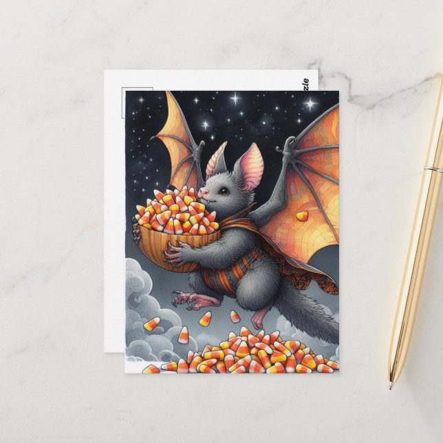 Cartão Postal Morcego de Halloween Esquilo Voador Híbrido com Do (Frente/Verso In Situ)