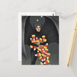 Cartão Postal Morcego Engraçado Com Doces de Halloween