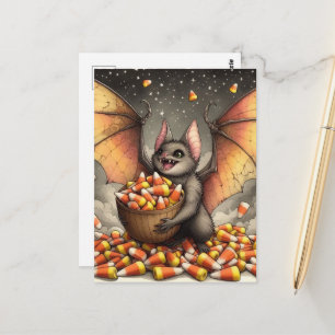 Cartão Postal Morcego Fofo de Halloween com Doce