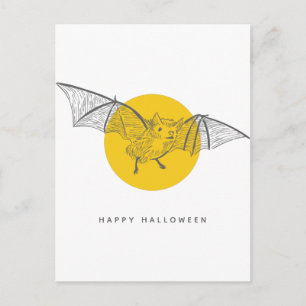 Cartão Postal Morcego Halloween   Esboço Moderno Fofo Lua Amarel