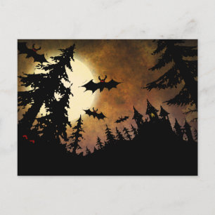 Cartão Postal Morcegos de Halloween, Castelo e Lua
