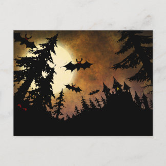 Cartão Postal Morcegos de Halloween, Castelo e Lua