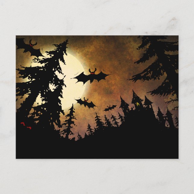 Cartão Postal Morcegos de Halloween, Castelo e Lua (Frente)