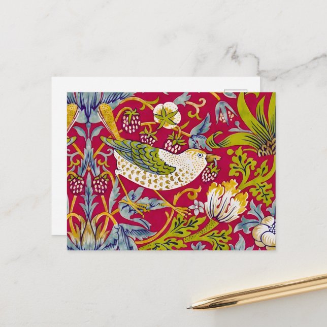 Cartão Postal Morris Red Background Strawberry Thief Patterno (Frente/Verso In Situ)