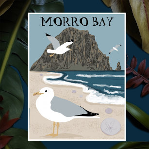 Cartão Postal Morro Rock Bay Central California Beach Seagulls