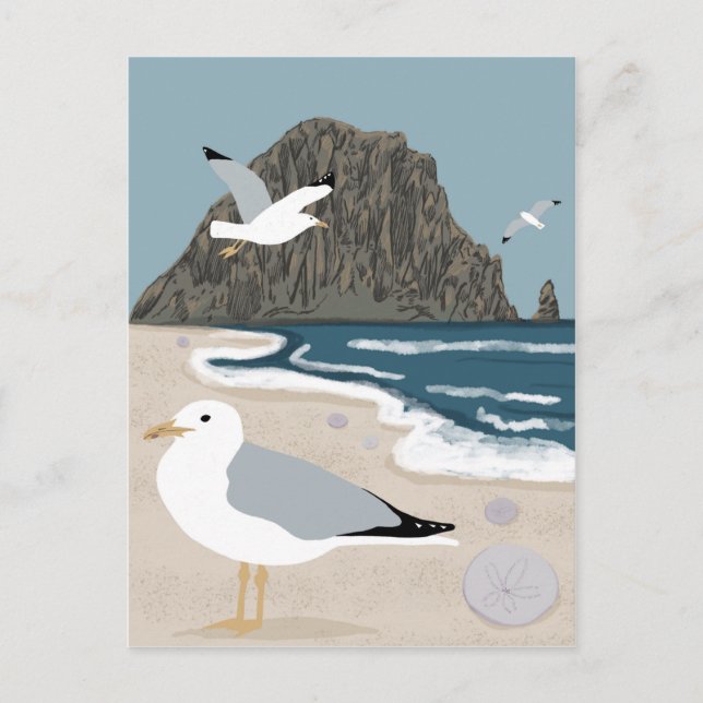 Cartão Postal Morro Rock Bay Central California Beach Seagulls (Frente)