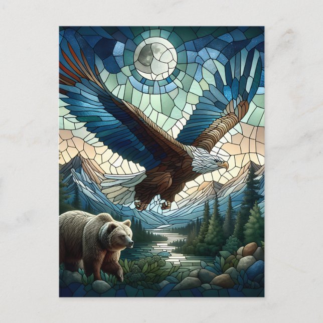 Cartão Postal Mosaic Bear and Eagle in the Mountains Ai Art (Frente)