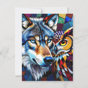 Cartão Postal Mosaico de Lobo e Coruja Hiperrealista