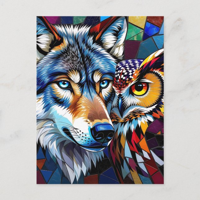 Cartão Postal Mosaico de Lobo e Coruja Hiperrealista (Frente)