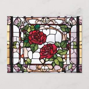 Cartão Postal Mosaico Floral de Rosas vermelhas de Vidro Estampa