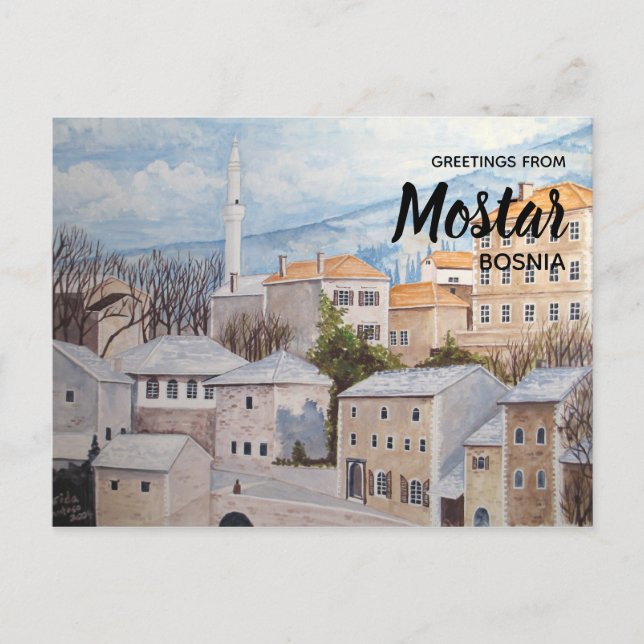 Cartão Postal Mostar, Bósnia - Pintura de paisagem acrílica (Frente)