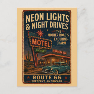 Cartão Postal Motel Neon Vintage da Rota 66 em uma Noite de Viag