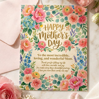Cartão Postal Mothers Day Most Incredible Loving Mom Floral Art