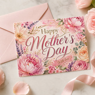 Cartão Postal Mothers Day With Love Blush Watercolor Peony Gold