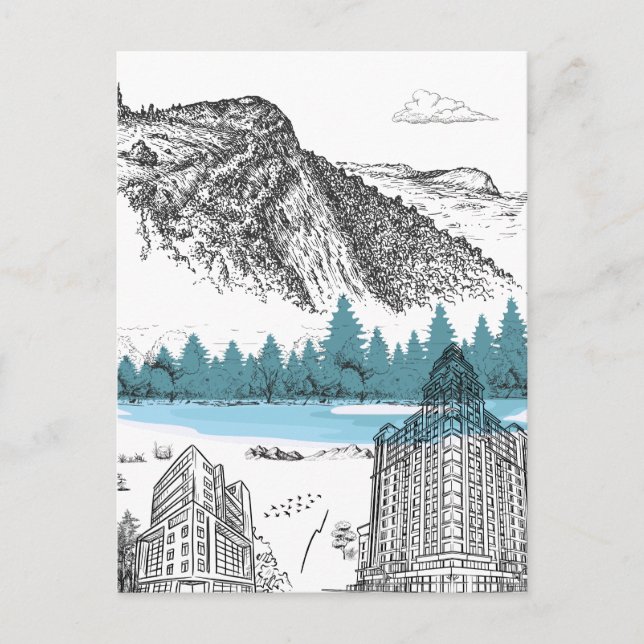 Cartão Postal Mountain Lake Lodge Illustration Nature Scenery (Frente)
