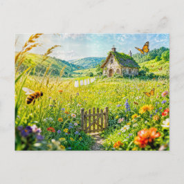 Cartão Postal Mountain Meadow Cottage with Flowers, Gate and But